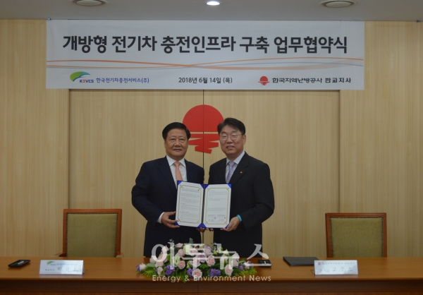 고중호 한국지역난방공사 판교지사장(오른쪽)과 박규호 한국전기차충전서비스 대표가 협약서를 들어보이고 있다.