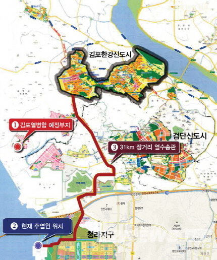 청라에너지 지역난방 공급권역 및 김포열병합 위치도.