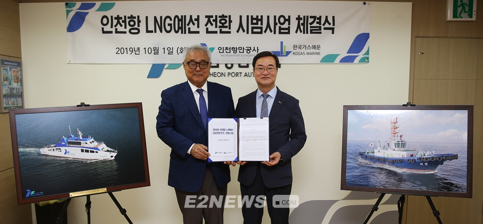 ▲남봉현 인천항만공사 사장과 배동진 한국가스해운 대표가 체결한 협약서를 보이고 있다. 옆에 있는 패널 사진은 LNG예선 조감도.