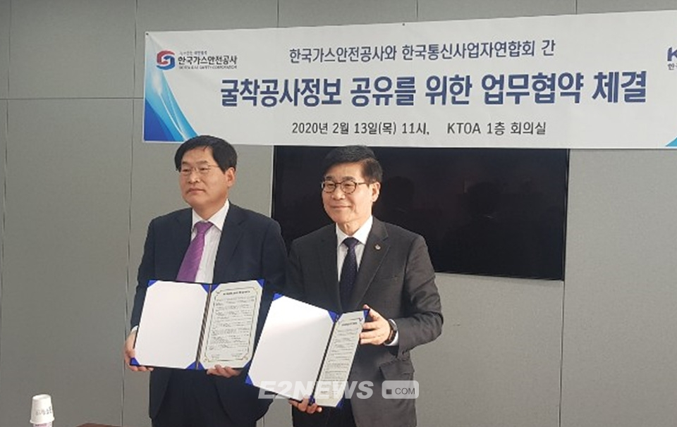 ▲허영택 가스안전공사 기술이사(오른쪽)와 김시호 한국통신사업자연합회 사무국장이 굴착공사 정보공유를 위한 업무협약을 체결하고 있다.