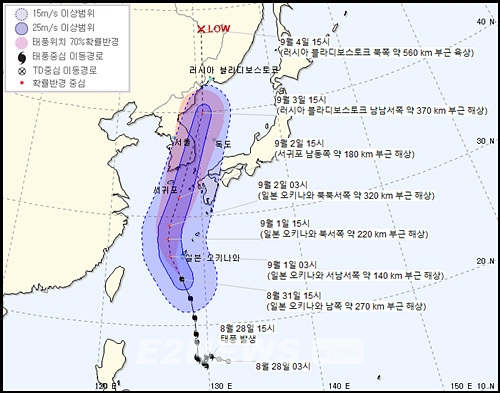 ▲8월 31일 16시 기준 태풍 이동경로 예측 모습 (출처: 기상청)