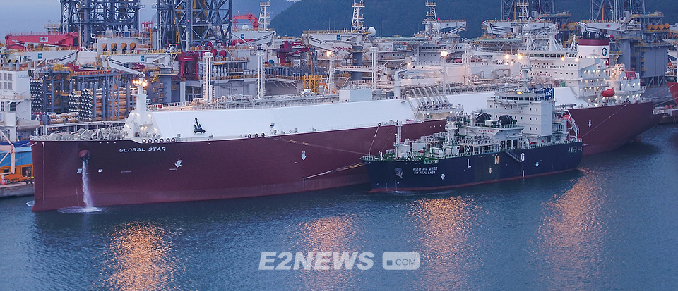 ▲대우조선해양 옥포조선소에서 세계 조선업계 최초로 선박 대 선박 LNG 선적작업이 이뤄지고 있다.