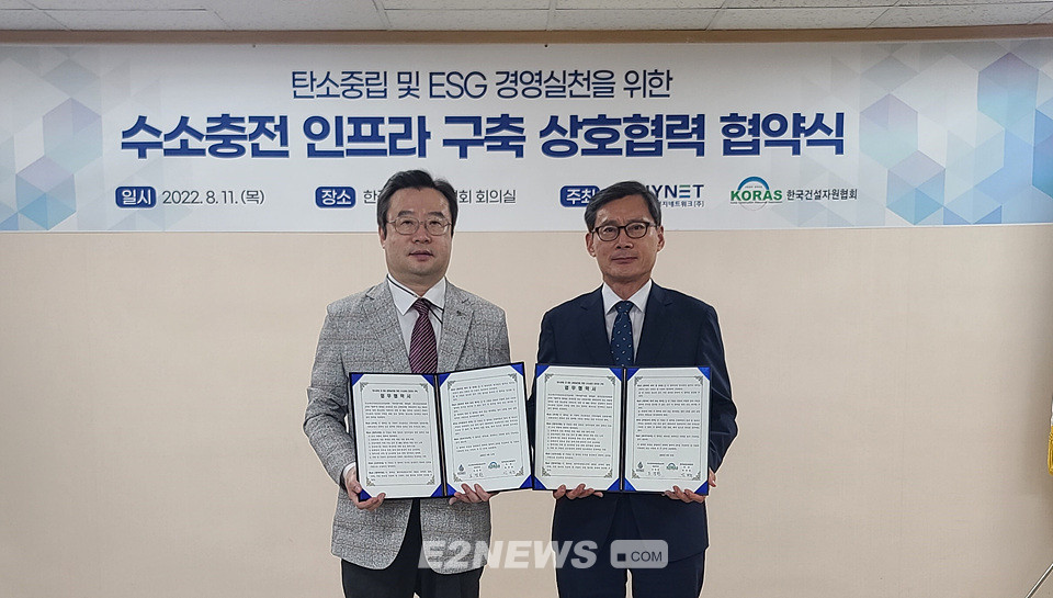 ▲도경환 수소에너지네트워크 대표이사(왼쪽)와 박하준 한국건설자원협회 회장이 체결한 협약서를 보이고 있다.