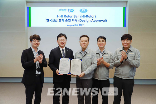 ▲현대중공업 관계자들이 한국선급으로부터 하이로터 설계 승인 인증서를 받고 있다.