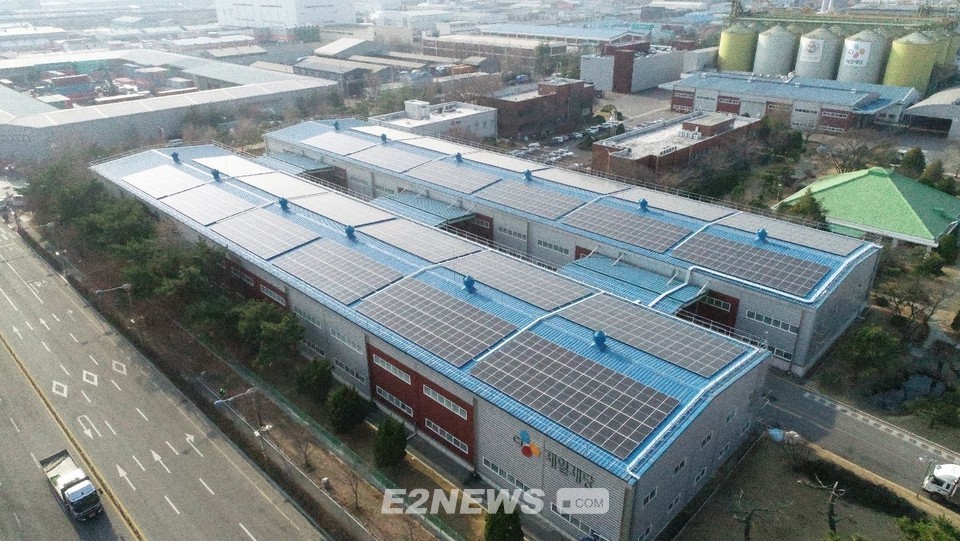 ▲GETI가 CJ제일제당 인천2공장 지붕에 설치한 870kW규모 태양광설비. CJ제일제당은 여기서 생산된 전력을 전량 자가소비한 뒤 그만큼을 임대료로 지불하게 된다.