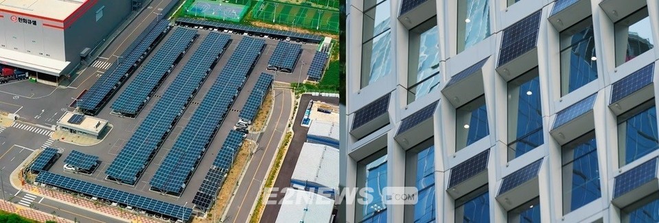 ▲한화큐셀 진천공장 주차장(좌)과 한화빌딩에 설치된 태양광 발전소.