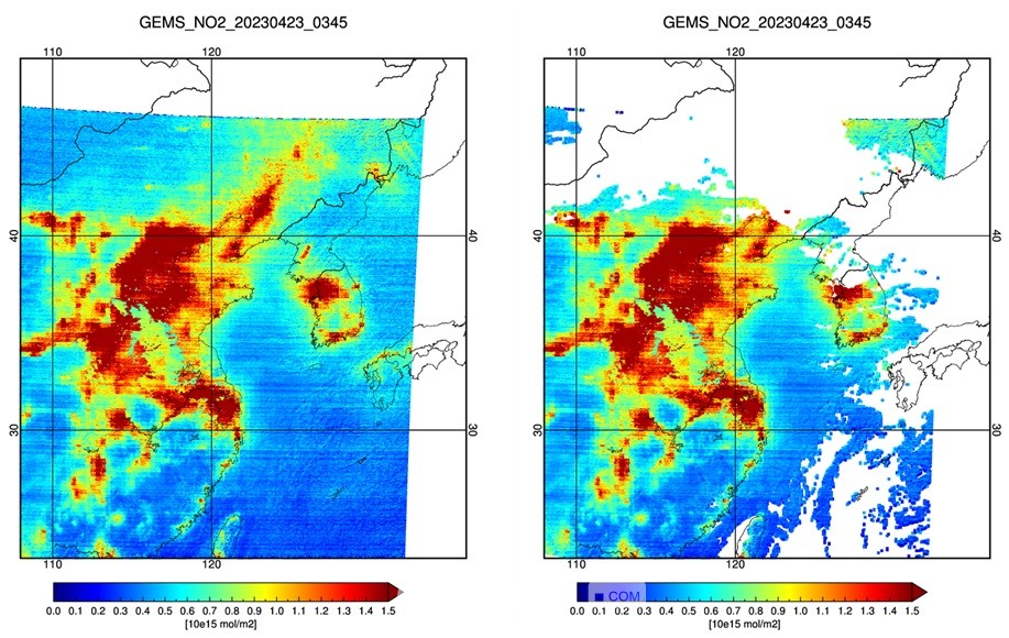 ▲구름을 제거하기 전(왼쪽)과 후의 한반도 및 중국 이산화질소 평균농도.