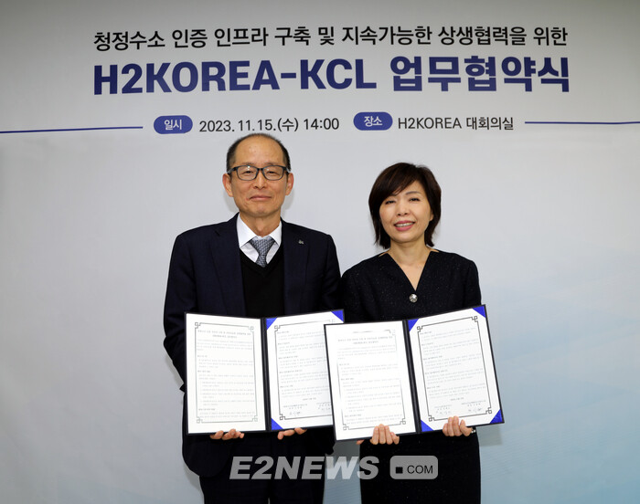 한상미 H2KOREA 단장(오른쪽)과 이상권 KCL 부원장이 업무협약서를 들어보이고 있다.