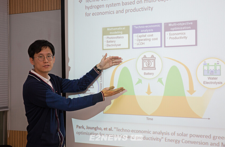 박정호 책임연구원이 태양광 그린수소의 다목적 최적화 연구결과를 설명하고 있다.