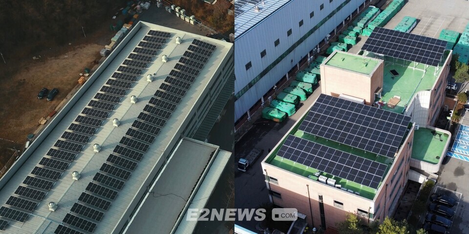 한샘 제1공장(왼쪽)과 삼화제지 청주공장에 설치된 지붕형 태양광발전소.
