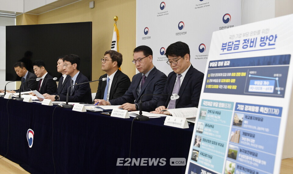 김윤상 기획재정부 차관(사진 가운데)을 비롯한 정부부처 관계자들이 부담금 정비방안을 발표하고 있다.
