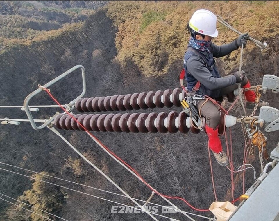 한전과 협력사 직원들이 영남산불로 손상된 송전선로 애자를 교체하고 있다.